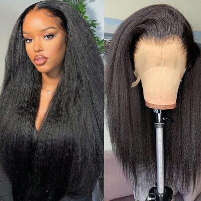 13x6 Kinky Straight Human Hair Wig HD Transparent Glueless Lace Front Wigs Human Hair Pre Plucked With Baby Hair Natural Hairline Yaki Straight Human Hair Wig