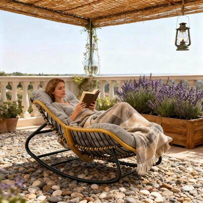 Oversized Papasan Rocking Chair With Extra Thick Cushion, Rattan Wicker Egg Chair For Indoor & Outdoor Use – Cozy Swivel Lounge Chair For Patio, Living Room, Bedroom, Or Porch, Grey