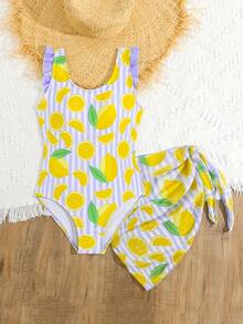 Tween Girls Knit Cute Lemon Digital Print Design Deep V-Neck Swimsuit Set, Suitable For Beach, Summer, Vacation, Seaside, Elegant Lady Fashion - Purple - View 1