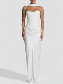 Maggie 女士性感无肩带修身长款连衣裙，夏季垂褶长裙，白色蕾丝系带露背优雅生日晚宴鸡尾酒会礼服 - 白色 - 查看 5