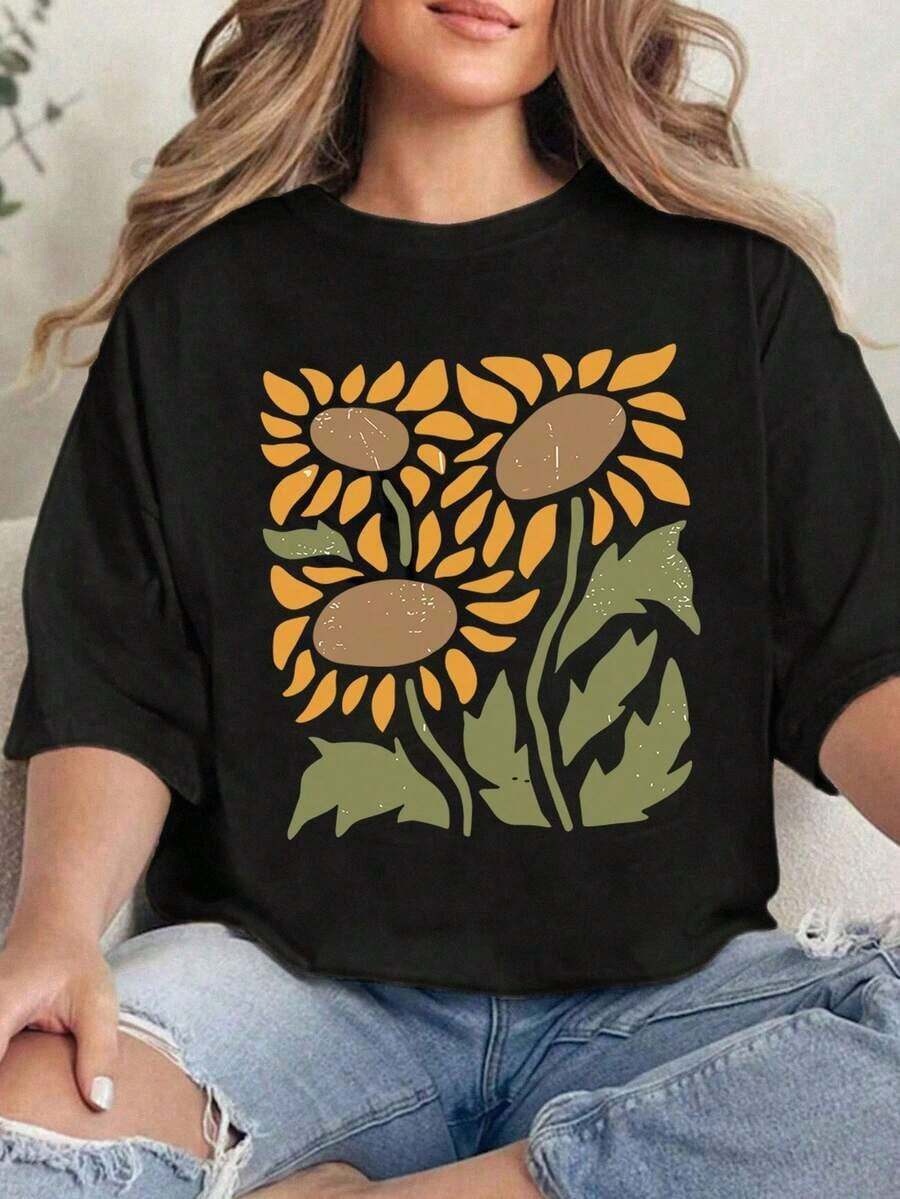 Camisa vintage con estampado floral de talla grande, camisa vintage con girasoles, camiseta con estampado de flores silvestres, camiseta bohemia, camisa con estampado botánico, camiseta de talla grande, regalo para mamá, camiseta gráfica, blusas casuales para mujer en color negro - Negro - Ver 1