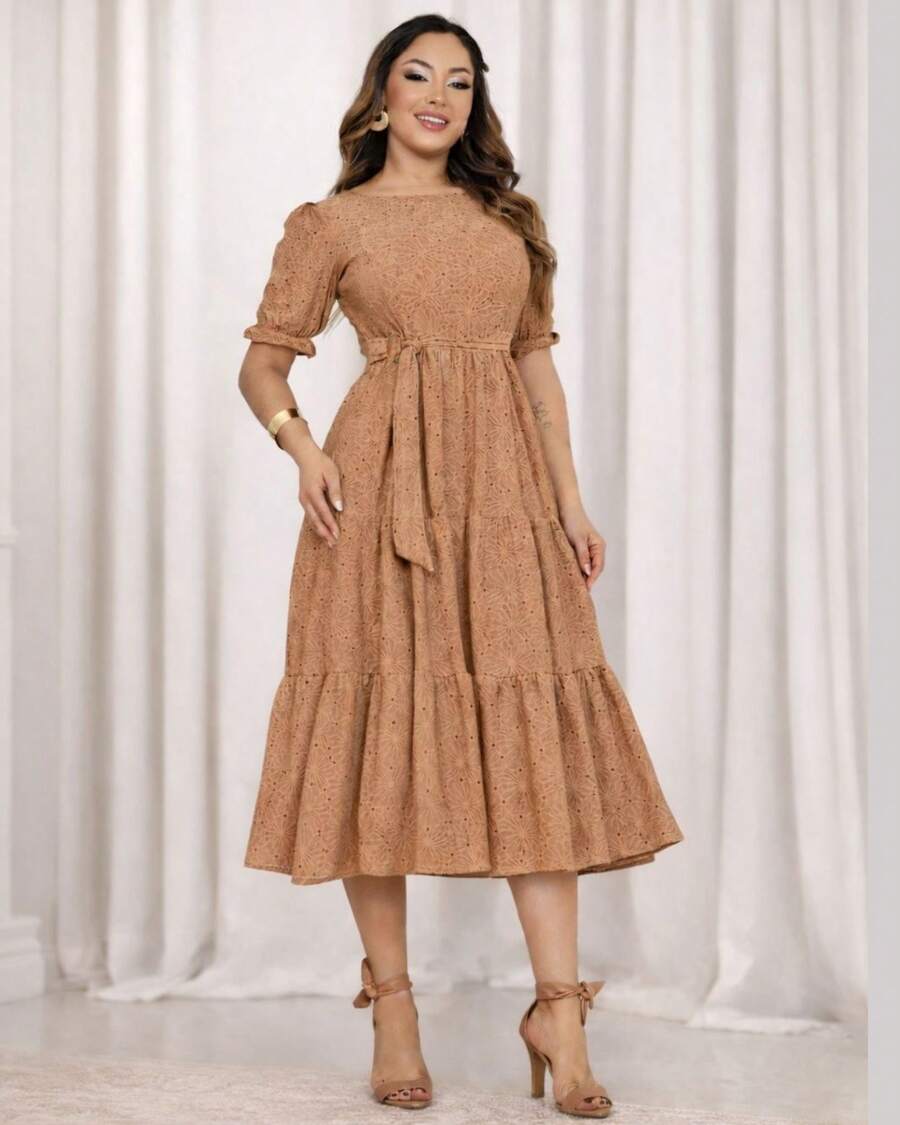 Women's Midi Dress, Three Marias Style, Lace Knit, Wedding, Evening, Formal And Nighttime, Elegant And Casual - 摩卡慕斯 - 查看 1