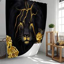 1件/4件套动物狮子与金色玫瑰图案多功能浴室装饰浴帘套装，赠送12个挂钩，营造优雅节日氛围，包含浴室地垫、U型马桶垫和圆形马桶垫，适用于各种浴室场景。 - 獅子2 - 查看 12