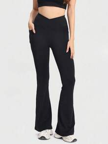 Speed mate High Waist Flared Pants Daily Fitness Sports Leggings, Women Butt Lifting Yoga Leggings,Women's High-Waisted Cross Design Flared Leggings Suitable - Black - View 6