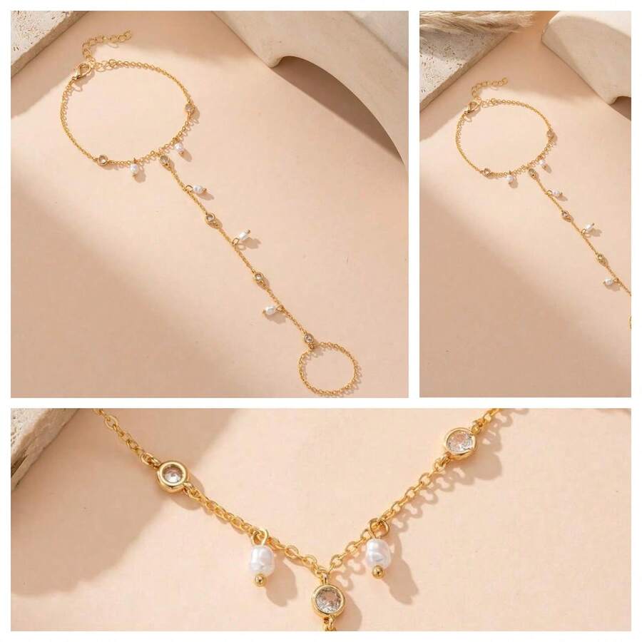 1pc Elegant Faux Pearl & Cubic Zirconia Finger Chain Bracelet, Suitable For Women's Daily Wear, Dates, Parties, Banquets, Holiday Gift - 黃金 - 查看 1