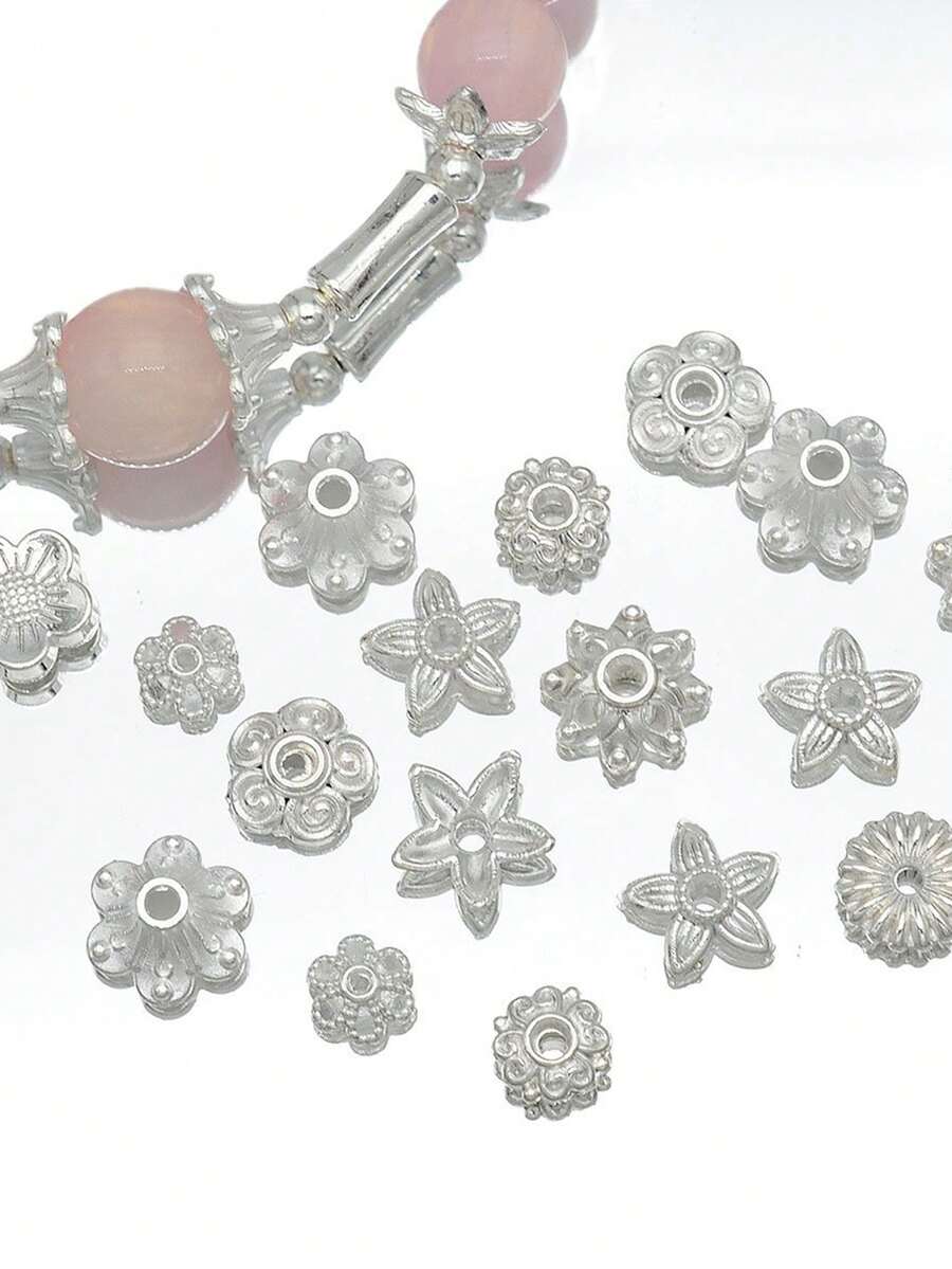 50个混合合金花形珠帽，三叶草、桃花、雪花图案，DIY珠宝制作配件 - 彩色 - 查看 1