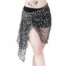 Women's Hollow Belly Dance Scarf Women's Belly Dance Tassel Skirt Clothing Accessories Sequins Short Skirt - 水果綠 - 查看 5