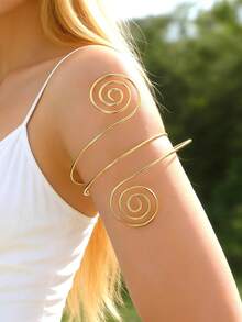 6pcs Beach Vacation Set: Leaf & Snake Minimalist Geometric Arm Cuffs, Exaggerated Metallic Floral Pattern Smooth Music Note Arm Bracelets, Suitable For Parties, Gifts, And Daily Wear - 6PCAT035 - View 3