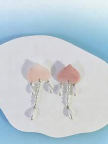 2 đôi bông tai tua rua hình trái tim và ngọc trai giả thời trang mới, kiểu dáng tinh tế, độc đáo và sang trọng dành cho phụ nữ. - Màu Hồng baby - Xem 5