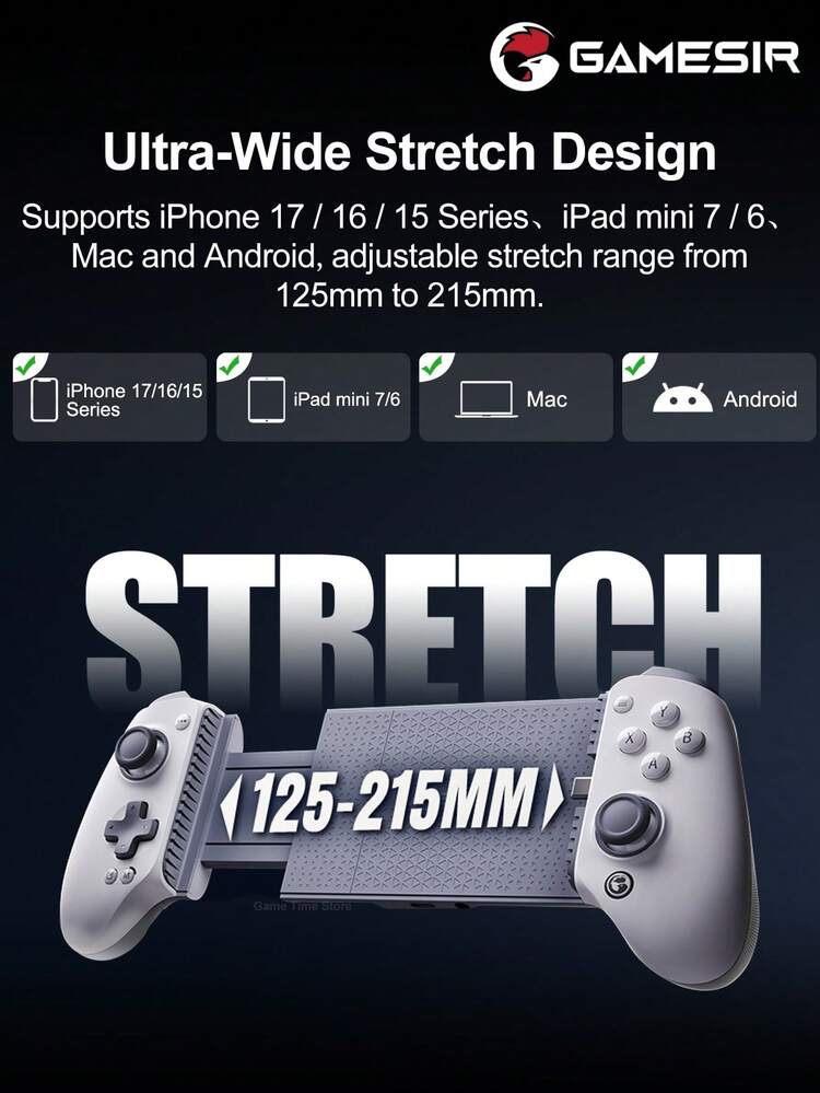 GameSir G8+ MFi 官方认证有线游戏手柄摇杆，兼容 17/16/15 系列、Mini 7/6 等 iOS、macOS 和安卓手机游戏手柄，长度 125-215mm，采用霍尔效应摇杆、霍尔效应模拟/灵敏扳机、双非对称马达和两个背部按钮。 - 查看 3