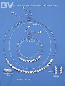 DV JEWELRY 5件套弹力首饰套装，镶嵌立方氧化锆的镀白金奢华项链、手链、耳环、开口戒指，优雅新娘婚礼派对周年纪念礼品套装，附赠礼盒 - 銀色 - 查看 9