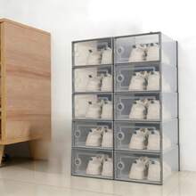 Set de 10 cajas de zapatos de plástico transparente grueso, diseño de cajón con panel frontal transparente, adecuado para zapatillas, tacones altos, zapatos de cuero y zapatos casuales - 10 piezas - Ver 16