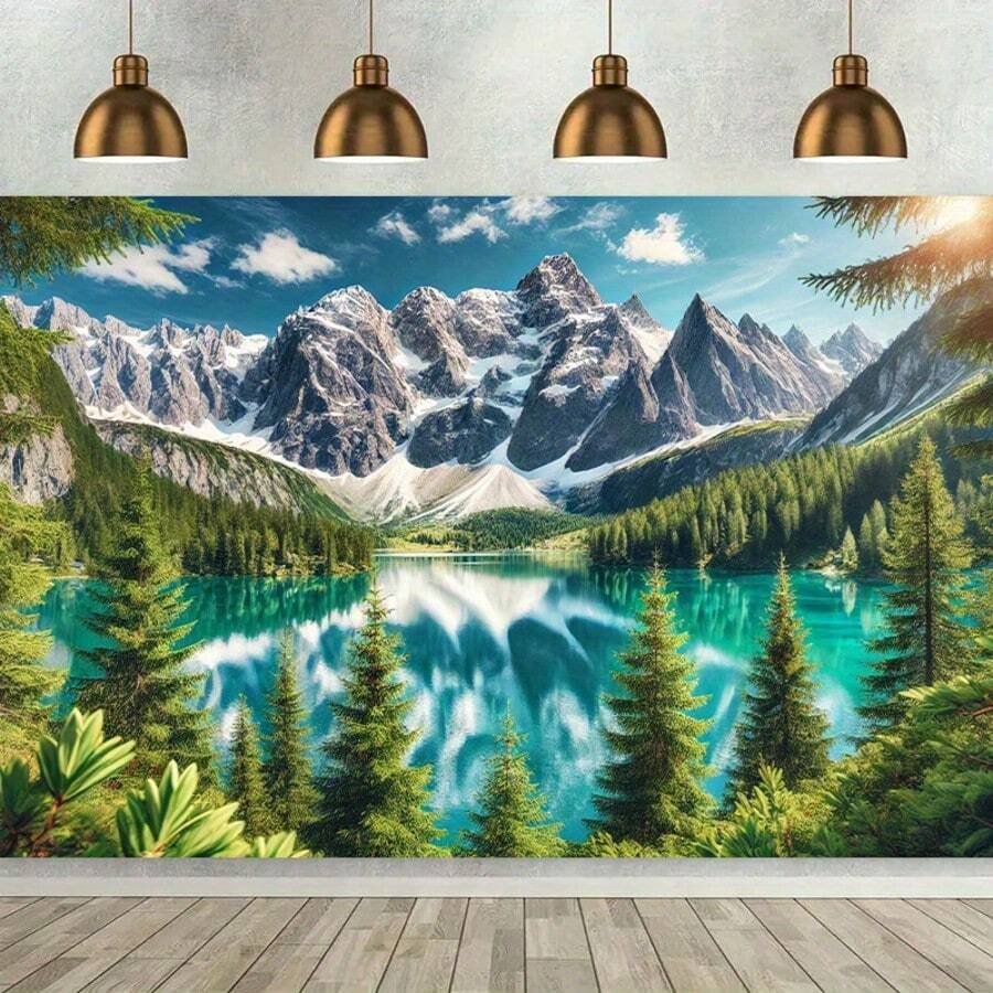 涤纶材质壁挂，湖光雪山背景，适用于客厅、卧室、办公室、户外、派对装饰，无需用电，完美之选。 - 2 - 查看 1