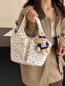 Túi tote màu trắng dễ thương in hình trái tim và nơ, kèm móc khóa hình gấu bông, túi xách đeo vai Kawaii dành cho nữ, phù hợp sử dụng hàng ngày và đi học. - Màu be - Xem 6