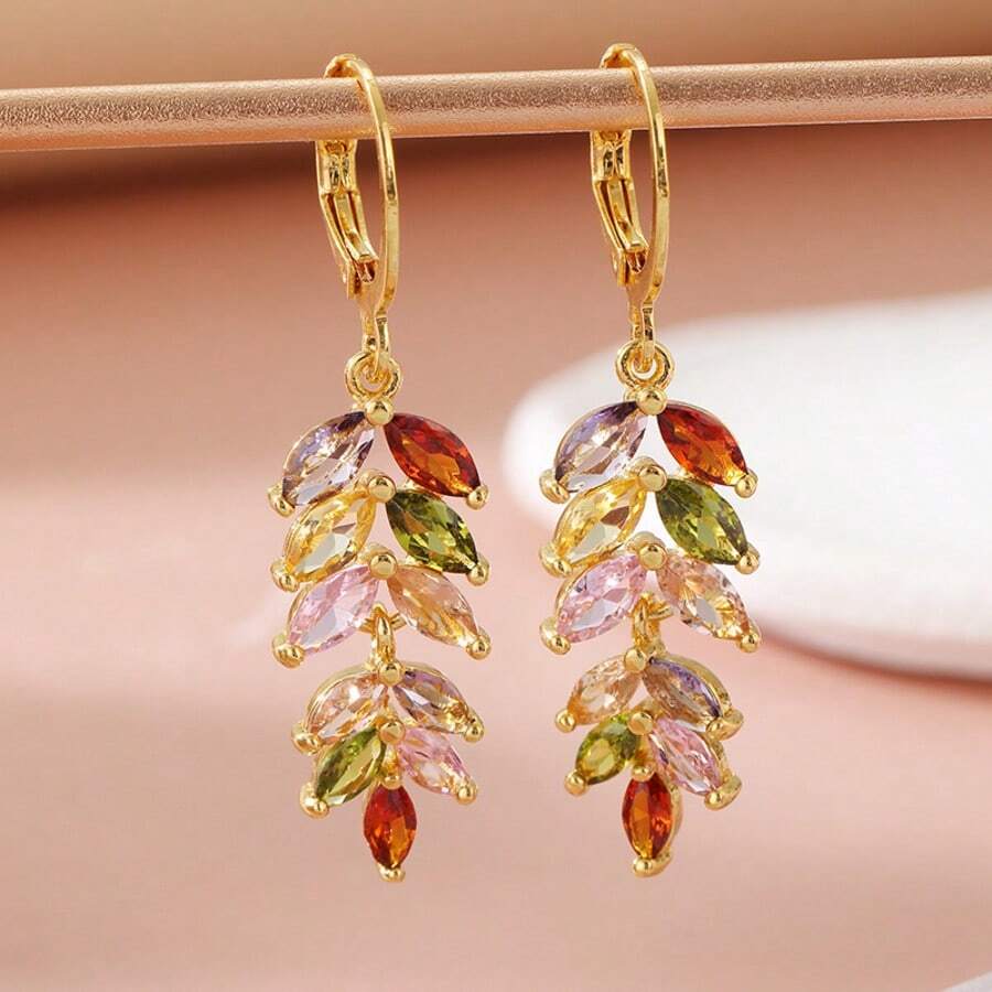 1 Pair Vintage & Luxurious Colorful Cubic Zirconia Wheat Ear Rings, Suitable For Party And Wedding, Perfect Romantic Gift For Her - Gold - View 1