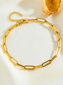 2 piezas Conjunto de pulseras de cadena de acero inoxidable, pulseras de cadena de clip de papel y hoja de estilo minimalista de moda, accesorios versátiles de lujo adecuados para niñas y mujeres - Dorado - Ver 4