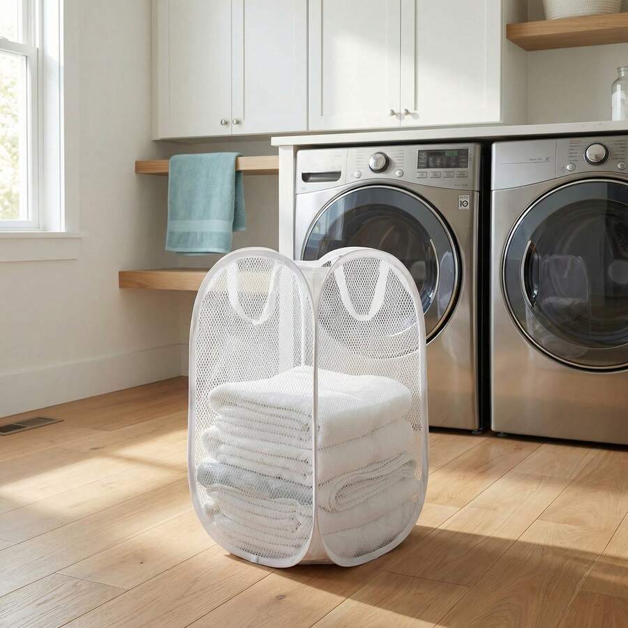 Large Capacity Pop-Up Laundry Hamper With Handle, Foldable Mesh Laundry Basket For Dirty Clothes Storage, Convenient Household Solution - Multicolor - View 1