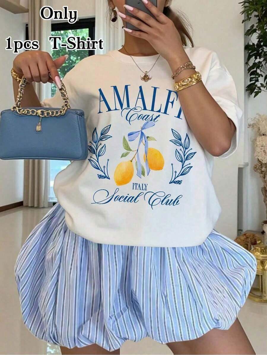 1pcsLadies' Fashion-Shirt Inspired By Lemons Of Amalfi In Italy, Featuring Letters 'AMALFI' And 'ITALY Social Club' Along With Sfusato Amalfitano Lemons.Made From% Soft Fabric |   Round Neck |   Short Sleeves |   Slightly Stretc180gSummer Tops For Women Casual Cotton Graphic Tees - 白色 - 查看 1