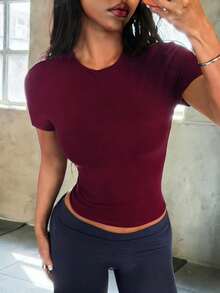 Women's Casual Slim Fit Round Neck Top, Suitable For Daily Wear In Summer - Burgundy - View 8