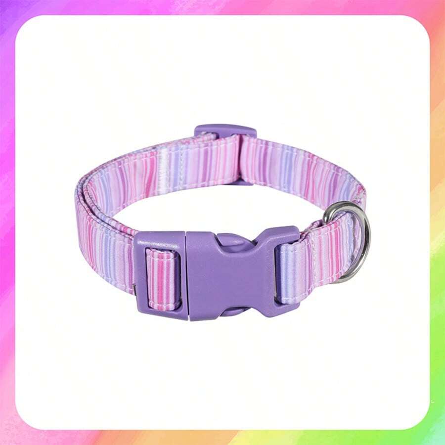 Pastel Rainbow Dog Collar - Adjustable Pink Purple Blue Stripe Pet Collar With Matching Purple Buckle & Silver D-Ring - Watercolor Puppy Neckband For Small Medium Dogs - Mixed color - View 1