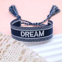 1条绣有“DREAM”字母的手工编织手链，复古简约休闲风，尺寸可调节，适合派对和日常佩戴。 - 寶藍色 - 查看 2