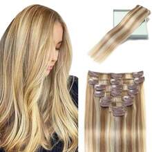 LORIEN Clip in Hair Extensions Real Human Hair Clip in 100% Brazilian Remy Human Hair Extensions 8pcs Per Set with 18 Clips Double Weft 18 Inch 100g 16/22 Light Blonde to Golden Blonde - 16/22 Rubio claro con reflejos rubio dorado - Ver 1
