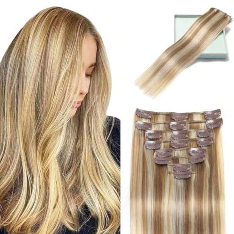 LORIEN Clip in Hair Extensions Real Human Hair Clip in 100% Brazilian Remy Human Hair Extensions 8pcs Per Set with 18 Clips Double Weft 18 Inch 100g 16/22 Light Blonde to Golden Blonde - 16/22 Rubio claro con reflejos rubio dorado - Ver 1