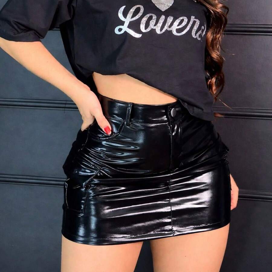 Vinyl Cargo Skirt With Side Pockets - Đen - Xem 1