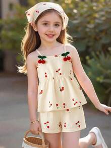 Girls' Soft Peach Cherry Print Outfit, Dangling Red Cherry Decor, Loose & Comfortable Fit, Sweet & Cute Style, Versatile Color, Suitable For Weekend Outings, Beach Vacation - Multicolor - View 2