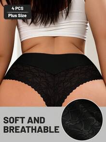MEIYATING 4pcs/Pack Plus Size Women Lace Trim Mesh Splice Soft Comfortable Sexy Thong Panties - Multicolor - View 3
