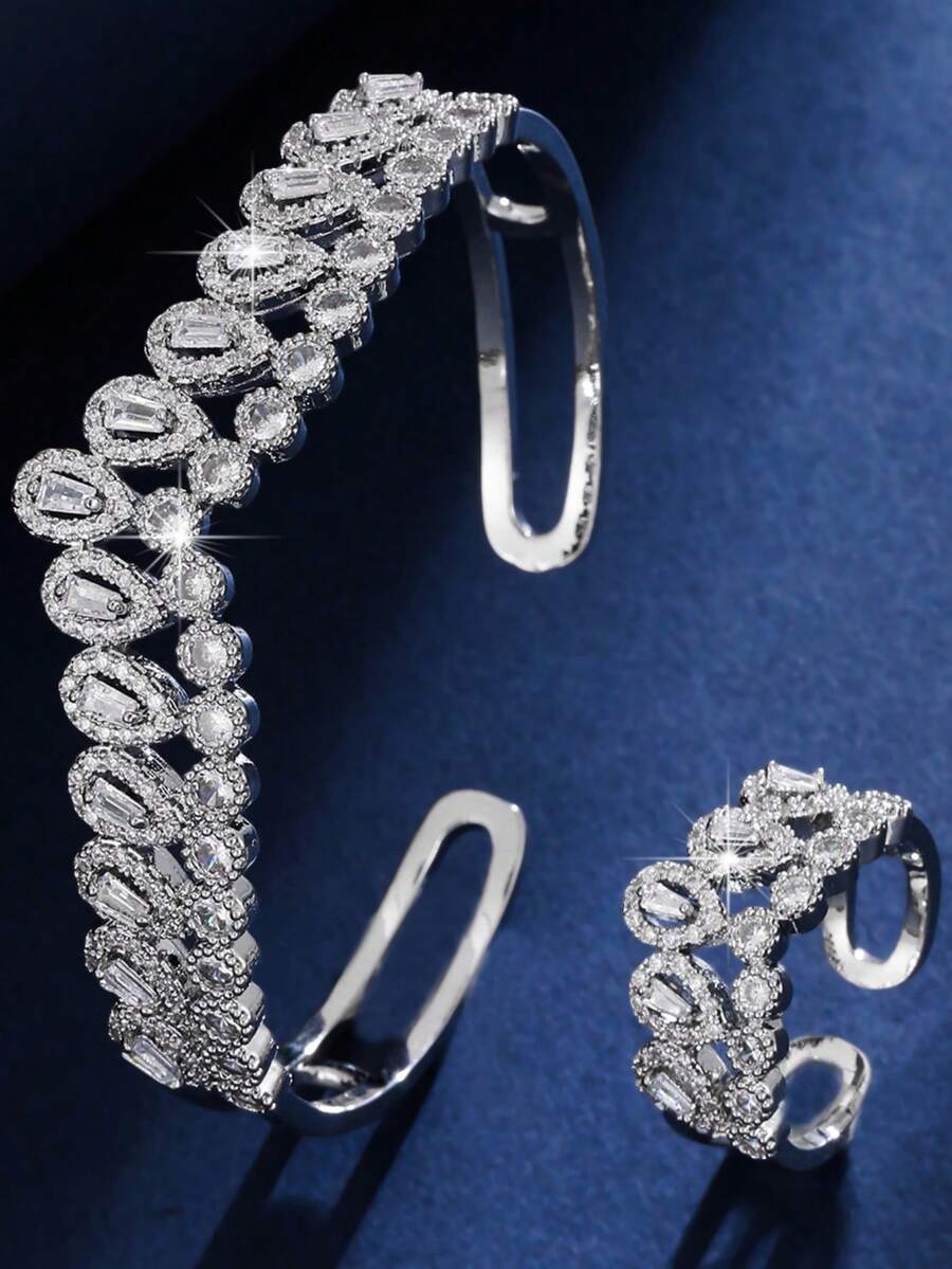2pcs Luxury Influencer Exaggerated Cubic Zirconia Bracelet & Ring Set, Suitable For Women's Daily Wear & Gift