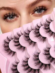 ENCHUW 5对柔软蓬松假睫毛，自然猫眼妆效，纤长浓密纤长假睫毛 - 黑色 - 查看 1