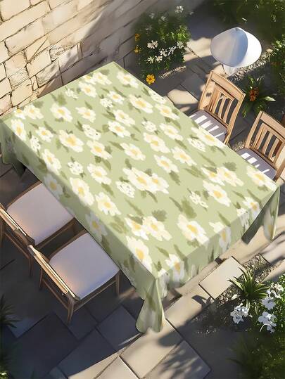 1 pieza Mantel elegante de poliéster para exteriores, cubierta de mesa con patrón de margaritas de color verde claro a la moda, adecuado para bodas al aire libre y restaurantes interiores, mantel decorativo lavable