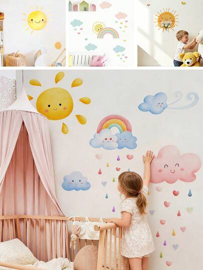 BRUP 1/2 Sheets/Set Cartoon Raining Hearts Cloud Wall Stickers, Happy Sun Rainbow And Blue Clouds With Smiling Faces, Whimsical Nursery Decor For Baby Room Or Classroom, Removable Peel And Stick, Dreamy Sky Theme Art