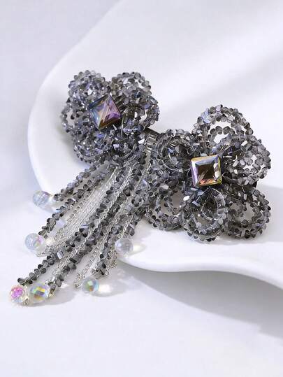 1个时尚灰色水晶流苏发夹，手工蝴蝶结设计发饰，新娘头饰，婚礼派对发饰，个性化礼物，春夏发夹