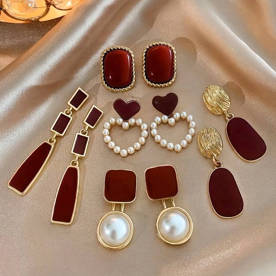 Pendientes de gota de aleación roja de Angola con estilo retro de Hong Kong, pendientes elegantes y de moda para dama, serie de otoño/invierno - Multicolor - Ver 1