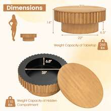 Round Coffee Table With Storage, Wooden Drum Coffee Table With Hidden Compartment - Natural - View 3