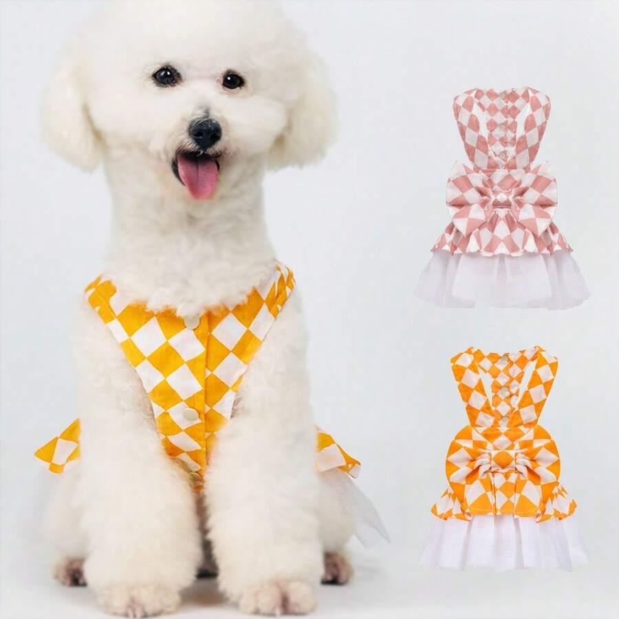 1件菱形图案宠物连衣裙，轻盈透气，甜美淑女风吊带裙，适合小型犬夏季穿着，可爱动物时尚，拍照，生日礼物，个性化宠物礼物，任何场合皆宜