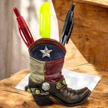 Texas Lone Star Flag Cowboy Boot Pen and Pencil Holder Mini jarrón decorativo de resina para decoración de computadora occidental - Multicolor - Ver 2