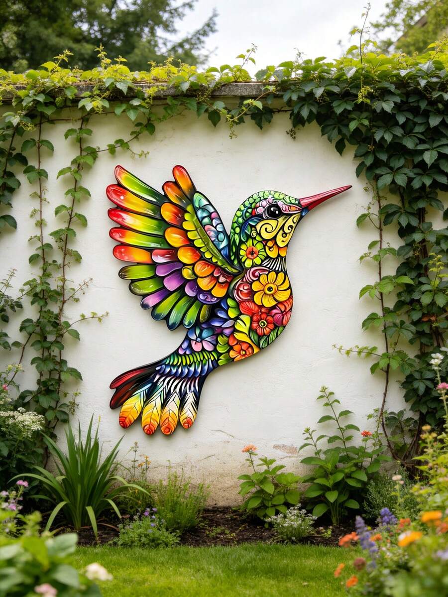 1 pieza Decoración de pared de colibrí de metal colorido - Perfecto para uso en interiores/exteriores, hogar, oficina, jardín exterior, patio, porche, decoración de valla exterior, decoración de fiestas y bodas - Ideal para fiestas de vacaciones, Día de la Madre, Acción de Gracias y también un regalo perfecto para familiares y amigos. Diseño plano 2D