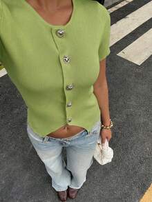 Cárdigan de punto con cuello redondo y botones con forma de corazón para mujer, primavera/verano, casual y elegante, ajustado y de longitud regular; Blusa rosa de manga corta para el Día de San Valentín, adecuada para uso diario en verano - Verde - Ver 3