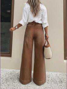Women's Casual Wide Leg Jeans, Elegant & Fashionable Long Style With Pockets, Medium Stretch Washed Fabric Spring - 摩卡棕 - 查看 4