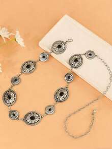 Hollow Out Bohemian Style Waist Chain, Adjustable Waist Belt With Metal Inlay, Women's Party, Cartoon Zinc Alloy Geometric Pattern Metal Belt, Wedding, Spring/Summer/Autumn/Winter - Silver - View 1