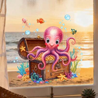 Hình dán cửa sổ chủ đề đại dương mùa hè, hình dán thủy tinh hình sóc, bạch tuộc, kho báu, dùng một lần, trang trí cửa kính nhà cửa, văn phòng (1 cái).