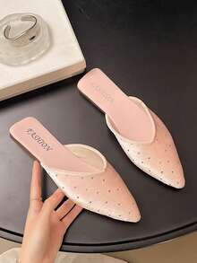 1双女士粉色水钻尖头平底拖鞋，休闲优雅风格黑色舒适百搭拖鞋 - 黑色 - 查看 1