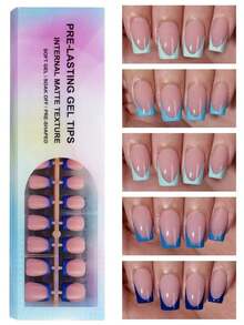 150pcs Short Square French Matte Gel False Nails, Soft Gel Nails, Suitable 15 Different Sizes, Manicure And Nail Salons, Press-On Nails, Nail Art Supplies - 藍色 - 查看 2
