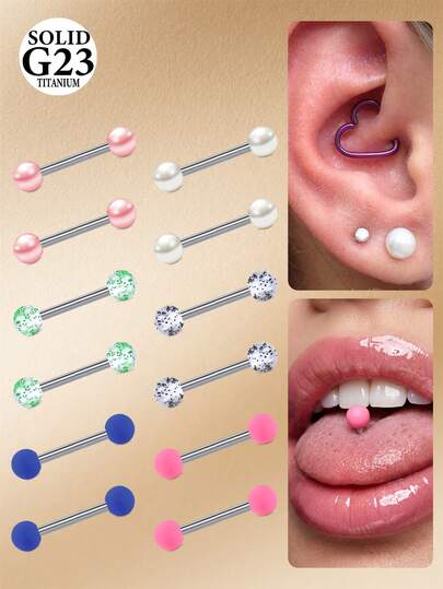 CIZME 14G 12 Pcs Colorful Ball Tongue RingsTitanium Alloy Barbell Tongue Straight Ring Retainer Nipple Ring Bar Length 12mm 14mm 16mm 18mm For Women Men