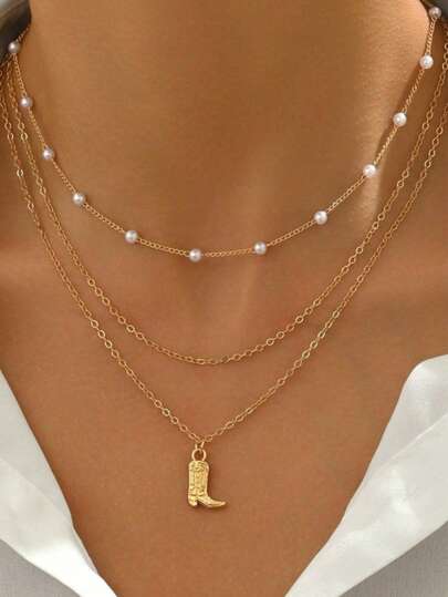 1pc Vintage Western Cowboy Boot Inspired Multi-Layer Faux Pearl Beaded Necklace, Suitable For Women's Daily, Date, Party, Travel Wear, Great Gift For Friends