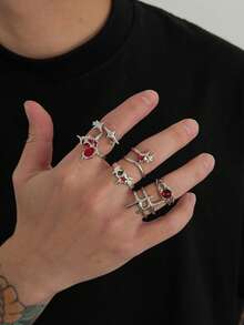 Set de 6 anillos de acrílico con strass en forma de estrella hueca con diseño gótico punk, estilo minimalista casual y urbano, adecuado para vacaciones, fiestas y uso diario, anillos de moda unisex como regalo - anillo - Ver 4
