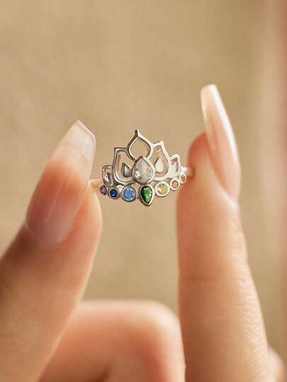 BALMORA 1pc 925 Sterling Silver Elegant Vintage Colorful Zirconia Lotus Flower Ring, Jewelry Gift For Women, Daily Wear, Party, Mother's Day, Friends